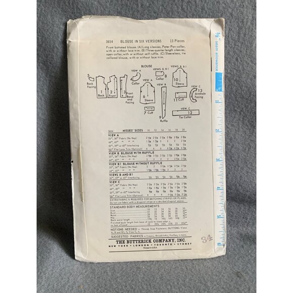 Vintage Butterick Sewing Pattern 3654 Blouse Six Versions Size 12 Uncut - Picture 2 of 2